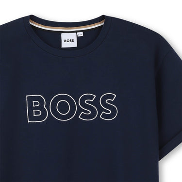 BOSS Playera para niña y adolescente, azul marino logo plata